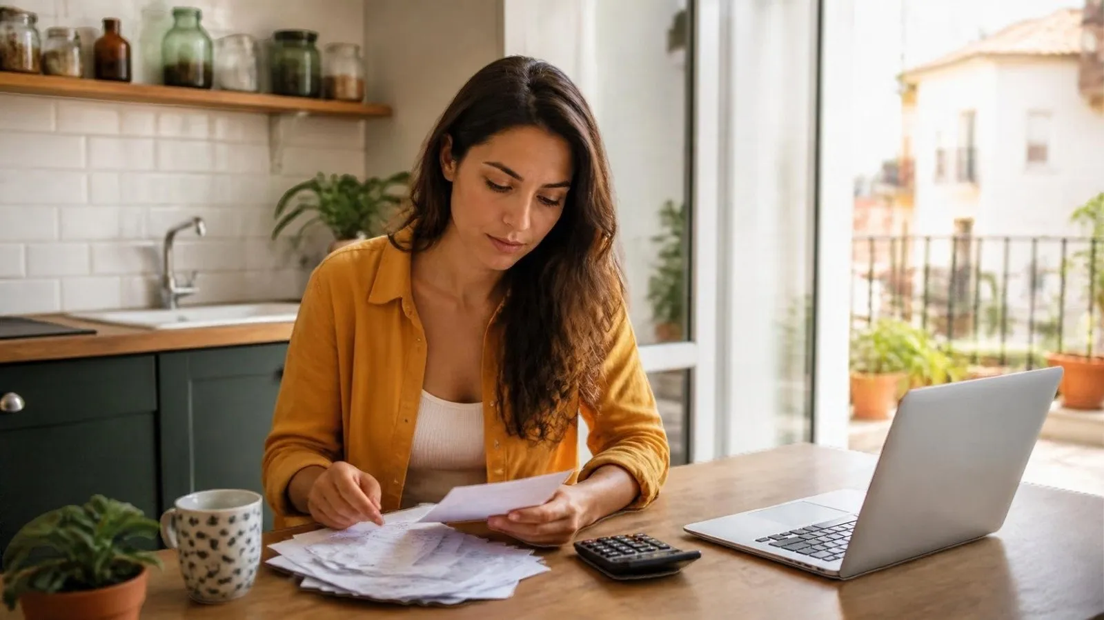 Mujer joven revisando en la mesa de su cocina el contrato de alquiler y los recibos con una calculadora y un portátil
