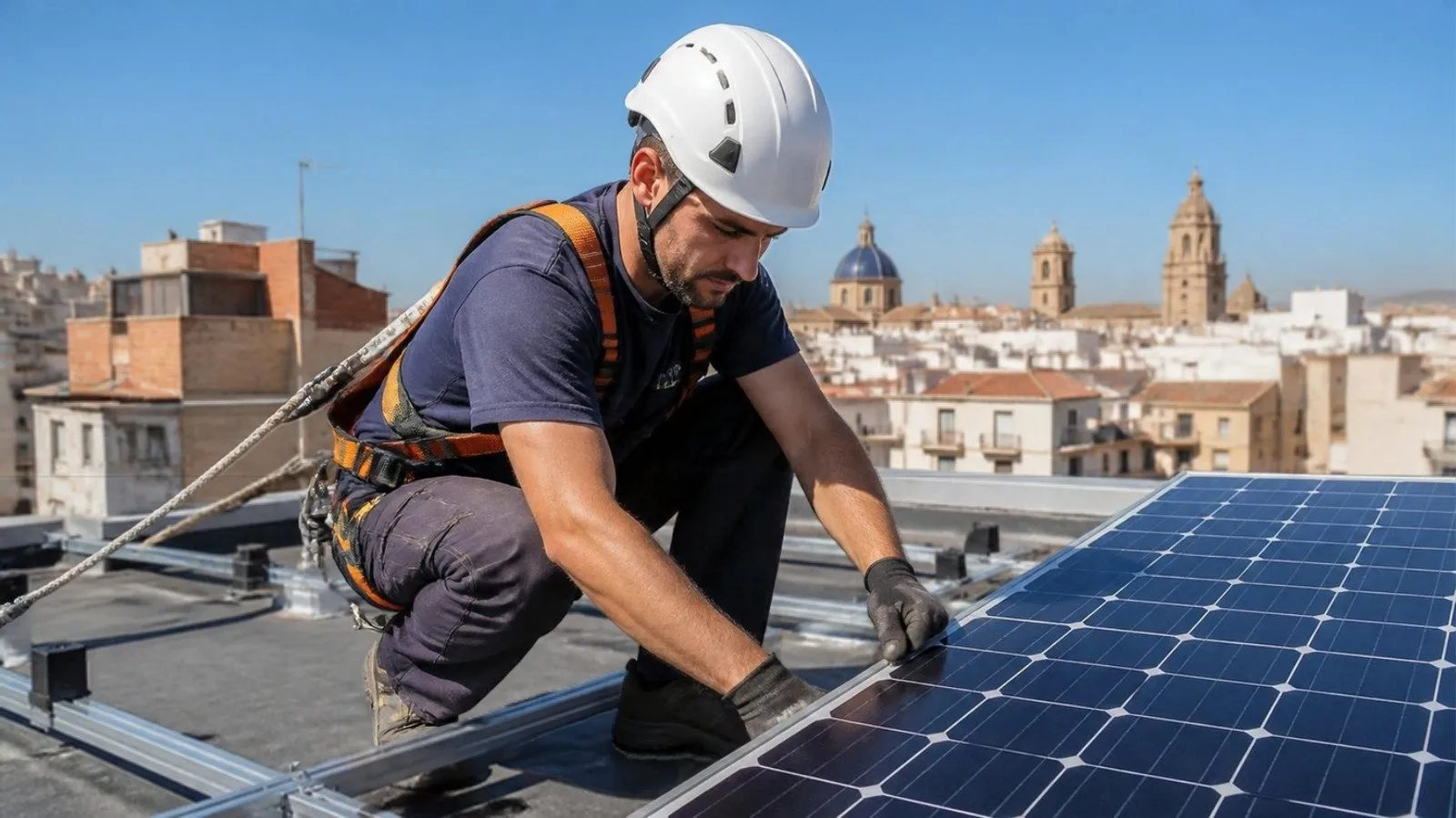 Instalador con casco y arnés colocando placas solares fotovoltaicas en la azotea de un edificio de viviendas en Córdoba