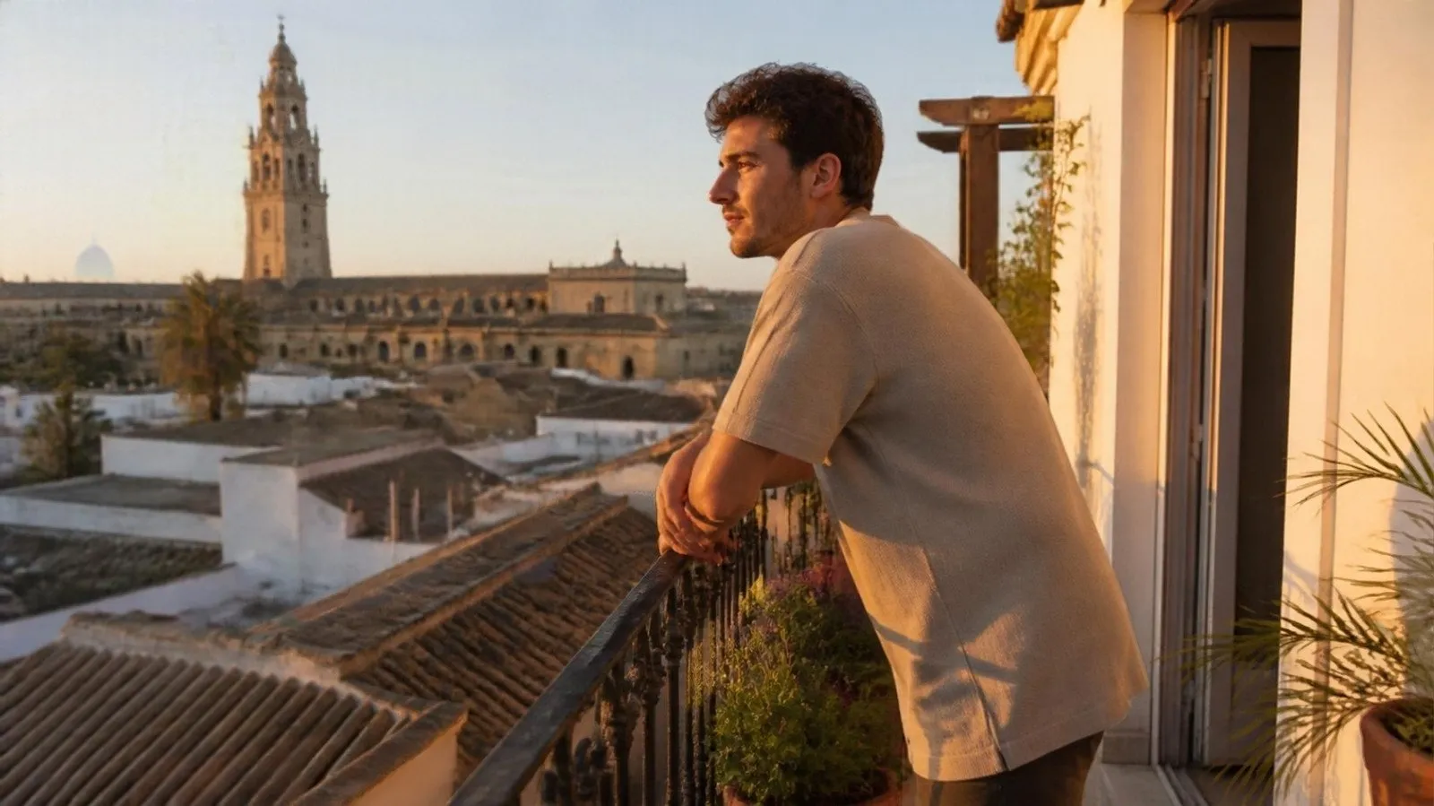 Joven apoyado en el balcón de forja de su piso de alquiler en Córdoba con vistas a los tejados del casco antiguo al atardecer