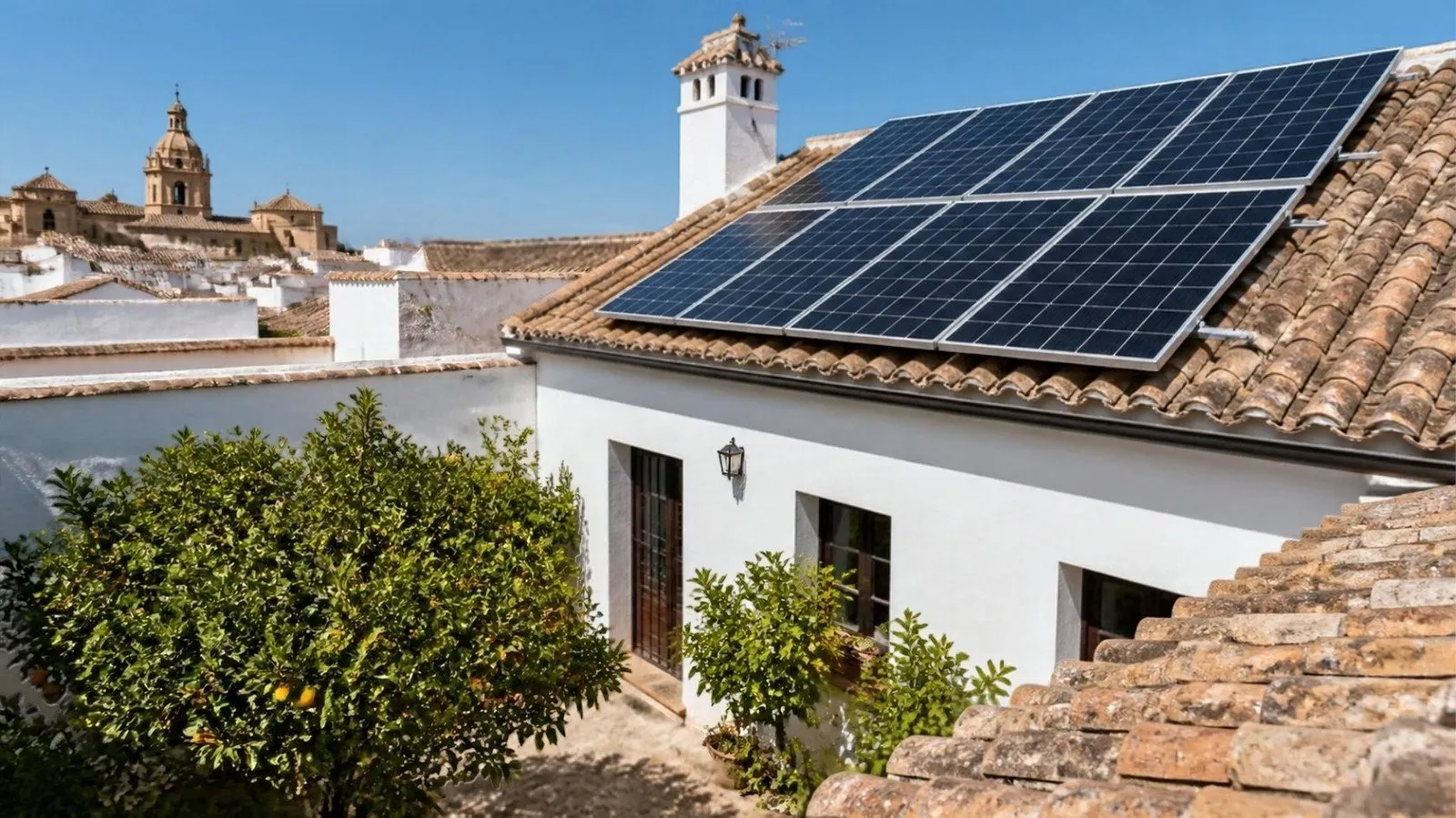 Placas solares instaladas en el tejado de teja árabe de una casa blanca en Córdoba con naranjos en el patio