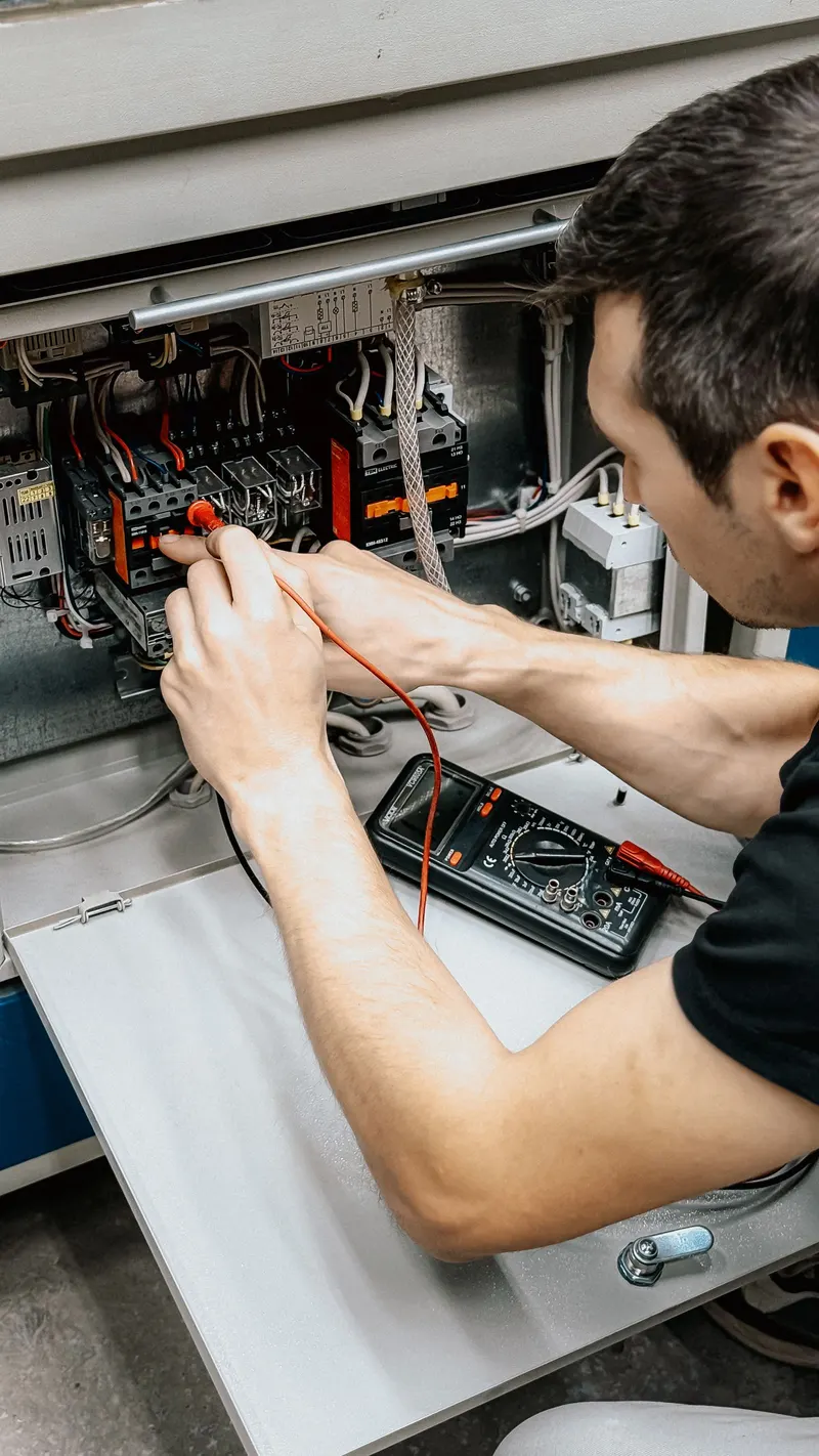 Electricista en Córdoba revisando el cuadro eléctrico con un multímetro