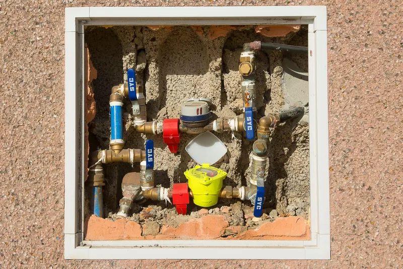 Tuberías de agua y contador empotrados en la pared de una vivienda en Córdoba